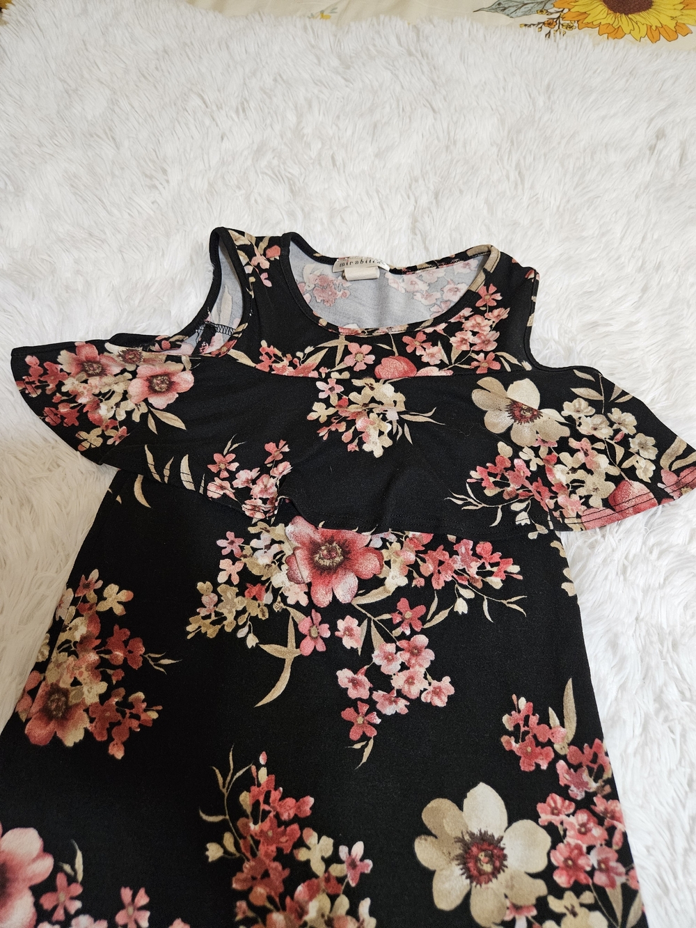 Black Floral Cold-Shoulder Dress with Pink & Cream Blooms
